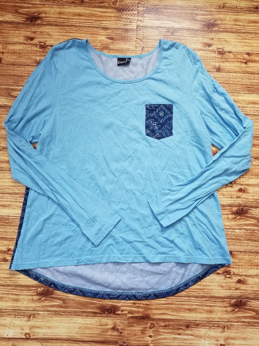 Cruel Girl Light Blue Long Sleeve Top Geometric Accent Women's XL Western